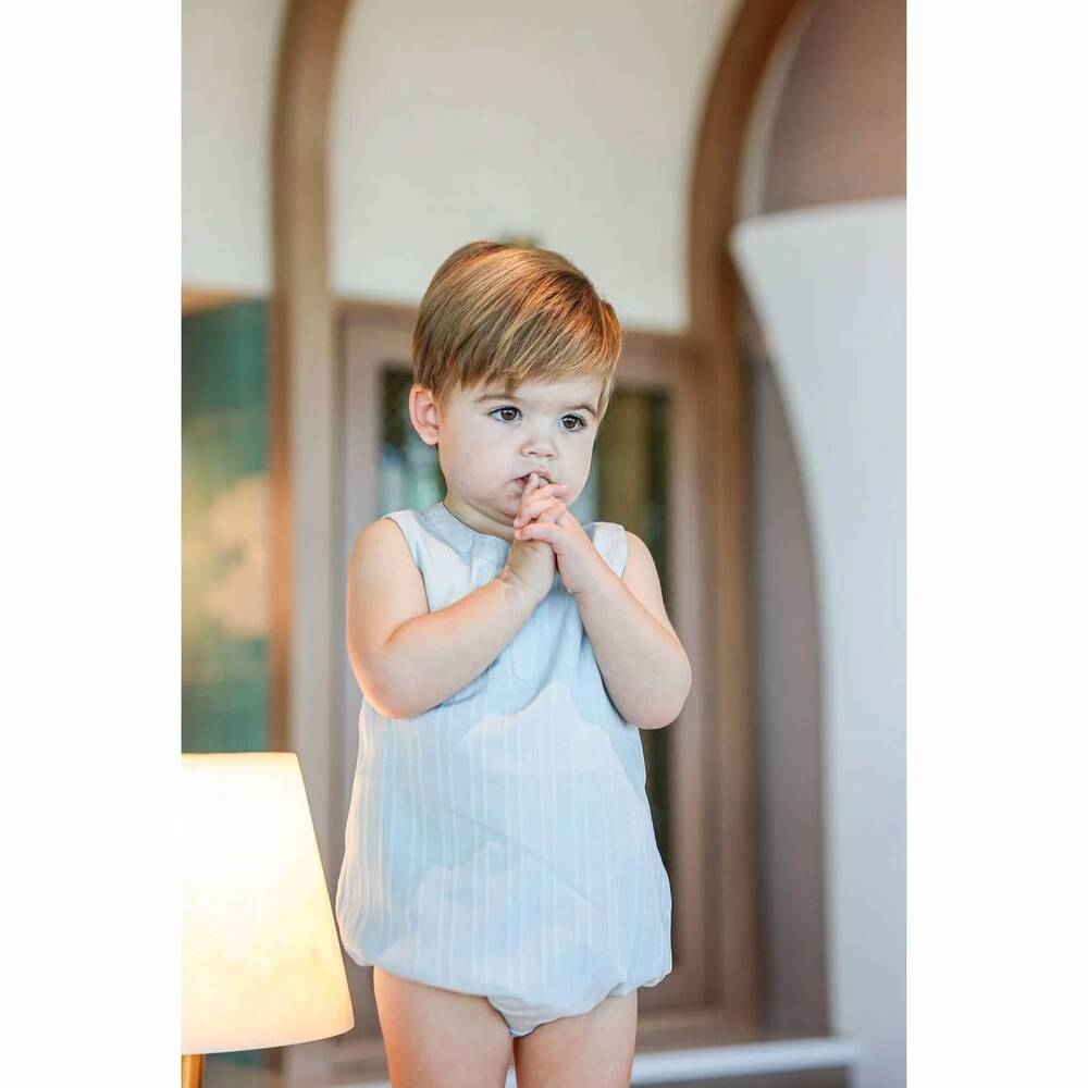 NEW MANIERE boy's striped faux tab romper in blue
